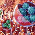 Illustration of membrane-bound vesicles containing clusters of viruses, including rotavirus and norovirus, within the gut. Rotaviruses are shown in the large vesicles, while noroviruses are shown in the smaller vesicles. Credit: NIH Medical Arts